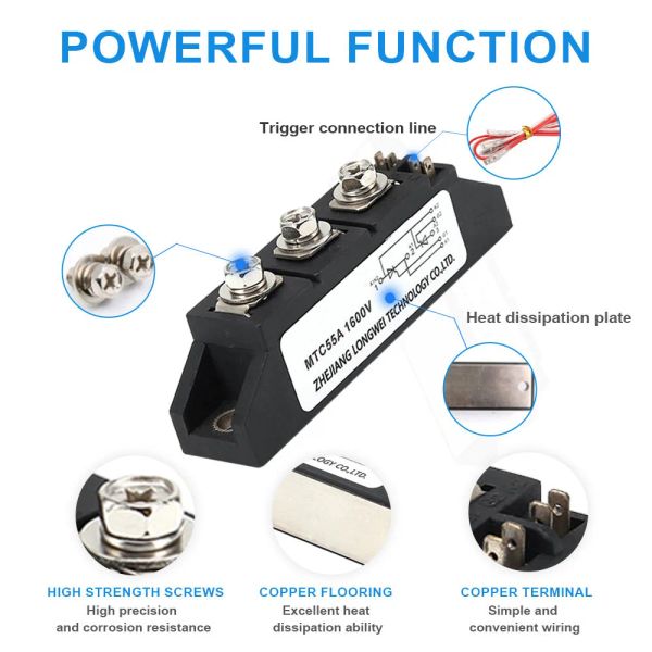 MTC 25A 55A Module de redresseur de convertisseur de thyristor 1600 VDC Relais semi-conducteurs de puissance monophasé pour le contrôle du moteur AC-DC