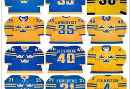 MThr 35 HENRIK LUNDQVIST ÉQUIPE Suède 40 Henrik Zetterberg 4 hjalmrsson 6 Anton Stralman 21 Filip Forsberg maillot de hockey personnalisé any9174302