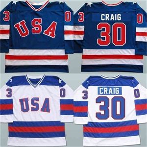 MThr Mens 30 Jim Craig Jersey 1980 Miracle sur les maillots de hockey sur glace 100% cousu broderie équipe USA maillots de hockey bleu blanc S-3XL