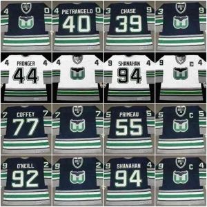 Maillot Mthr Whalers 27 JEFF BROWN 1995 39 KELLY CHASE 40 FRANK PIETRANGELO 44 CHRIS PONGER Maillots de hockey vintage