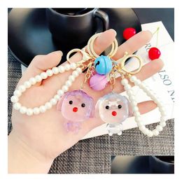 Mticolor Creative Dog Keychain met Pearl Chain Bell Pendant Key Delicaty 3D Animal Ring Bag Accesseries Drop levering Dhkqz