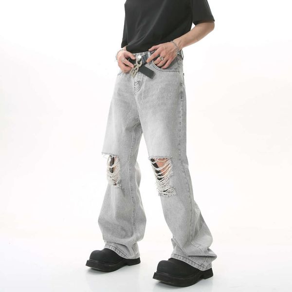 MTLCLOTHES Vêtements pour hommes |Pantalon en jean gris clair délavé, déchirures aux genoux, jambes larges et droites, nouveau produit 2023