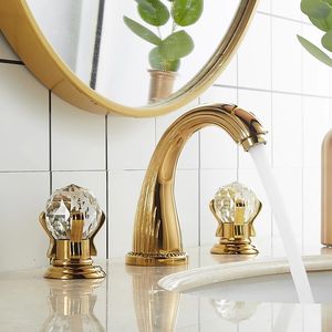 MTTUZK 3 pièces Set Wash Basin Basin Luxury High Quality 59 # Brass Gold Placing Crystal Handle Basin Basin Robinet à 3 trous Robinet