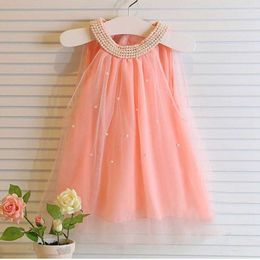 Muababy Beadings Meisje Jurk Zomer Mouwloze Kinderen Casual Kleding Wit Roze Kralen Tule Kids Princess Jurken voor 2-6T Q0716