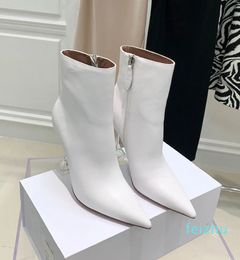 Muaddi Giorgia doorzichtige enkellaarzen met hoge hakken Kubieke hak puntige tenen Ritssluiting aan de zijkant Leren buitenzool Booties voor dames luxe designerschoen