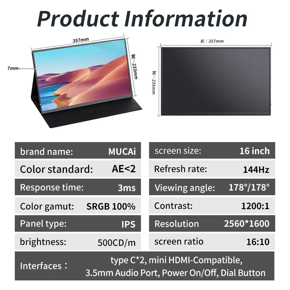 Mucai 16 LNCH Monitor portable 2,5k 144Hz Écran de jeu 2560 * 1600 16:10 100% SRGB 500CD / m² Affichage pour ordinateur portable Mac Xbox PS4 / 5 Switch