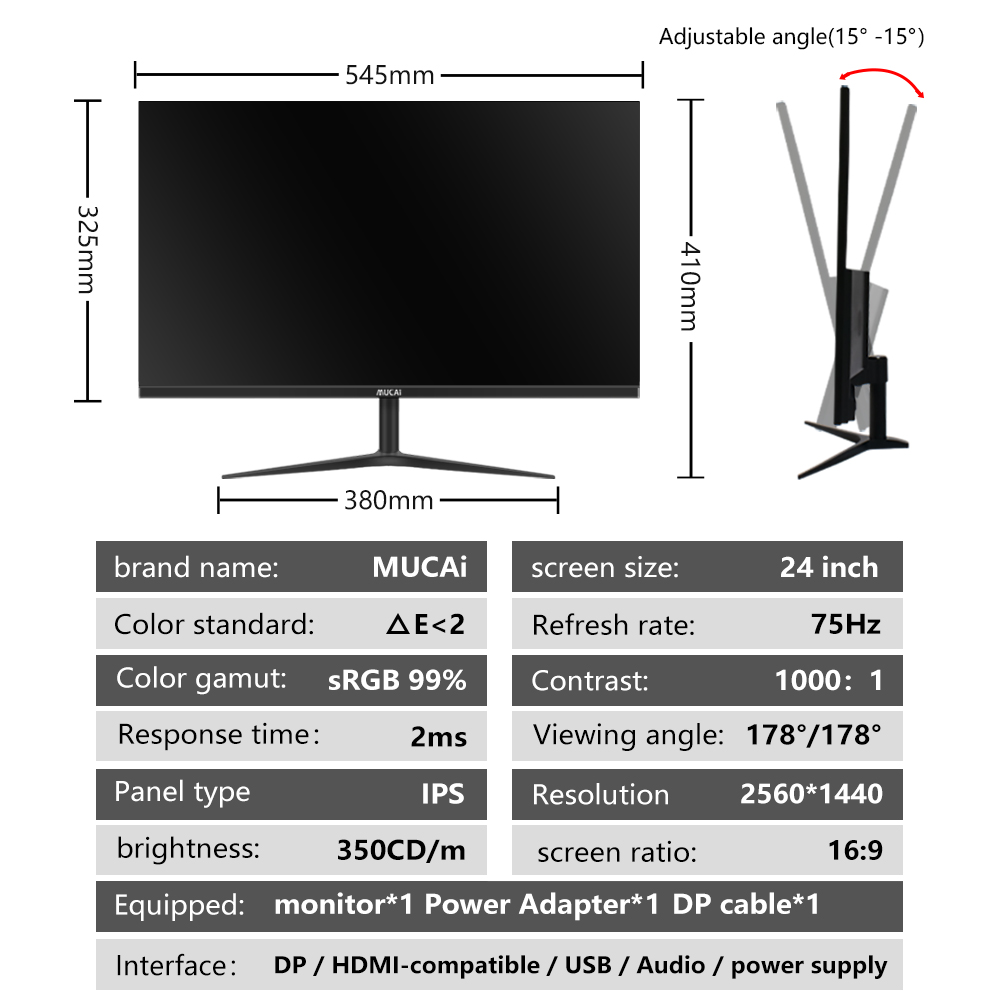 MUCAI 24/27 cala Monitor 2K 75Hz QHD PC PC LCD Wyświetlacz Gaming 100 Hz Panelu LED 2560*1440 DP kompatybilny z HDMI