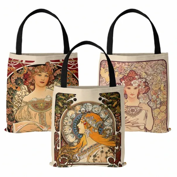 Mucha Serie Digital Impreso Bolsa de Lona Bolsa de Asas Abierta Bolso Retro Lona Tienda Bolsa h5Nm #