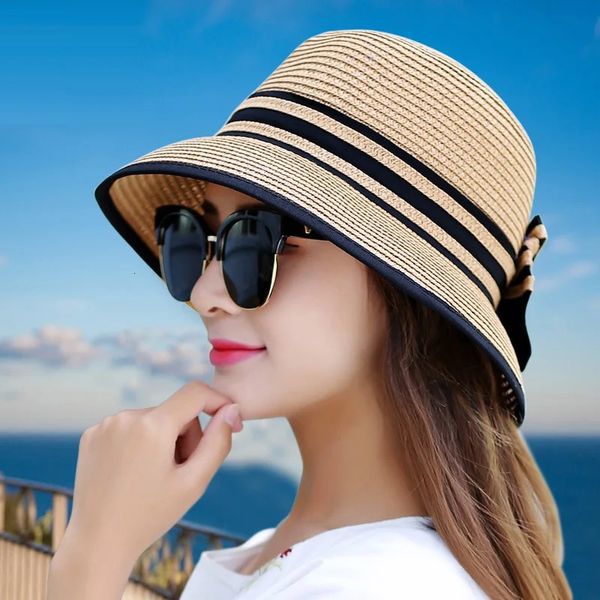 Muchique Boater Sombreros para mujer Verano Sombrero de paja para el sol Sombreros de playa de ala ancha Chica Fuera de viaje Gorra de paja Sombrero de lazo informal B-7847 240325