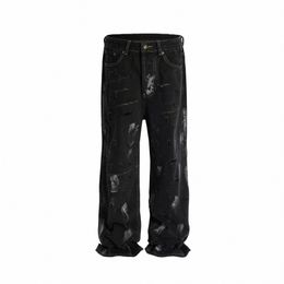 Mud Dyed Graffiti Distred Hole Baggy Jeans pour hommes effilochés Streetwear Pantales Hombre Casual Hole Wide Leg Denim Pantalon T9Jn #