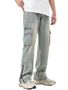 Jeans jaune boue pour hommes Y2K Salopette de couleur unie avec fermeture à glissière multi-poches pour rendre les vieux pantalons lâches A148 C5Yl #
