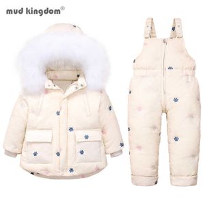 MudkingDom Baby Meisjes Winter Down Snowsuit Set Borduurwerk Overalls Bont Kap Peuter Jaar Kleding 210615