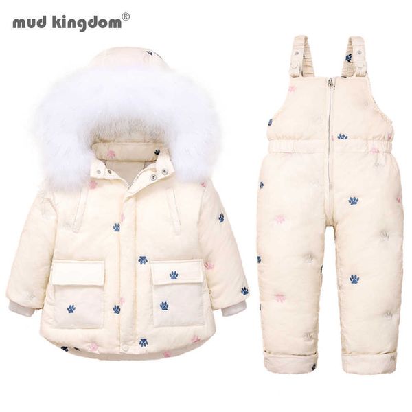 Mudkingdom, conjunto de traje de invierno para niñas pequeñas, mono bordado, capucha de piel, ropa de año para niños pequeños 210615