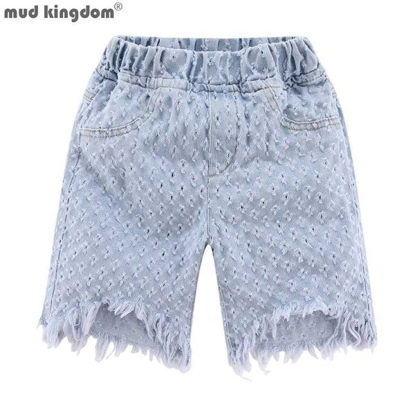 Mudkingdom, Bermudas con ojales, pantalones cortos de mezclilla para niñas, pantalones vaqueros para niños, pantalones vaqueros de cintura alta a la moda para niñas, ropa de verano para niños 210615