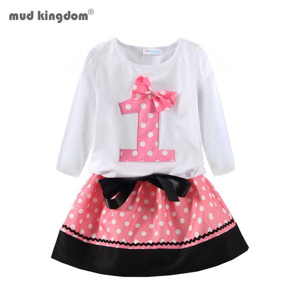 Mudkingdom filles anniversaire tenues à pois motif numérique ruban à manches longues robe costumes vêtements 210615