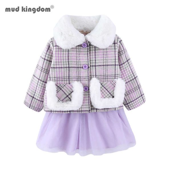 Mudkingdom Filles Vêtements Ensembles Mode Hiver Plaid Plus Velours Col De Fourrure Manteau Maille Patchwork Gilet Robe Princesse Tenue 210615