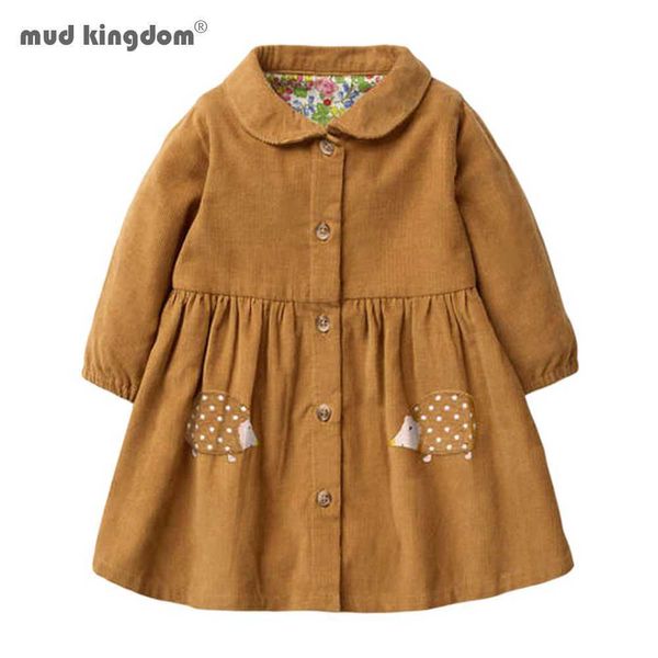 Mudkingdom filles robe automne hiver à manches longues velours côtelé enfants Trench manteau mignon dessin animé motif vêtements 210615