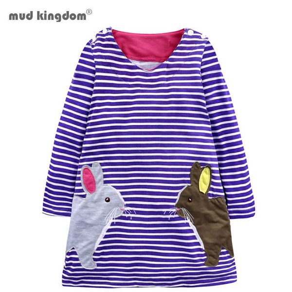 Mudkingdom niñas vestido de manga larga a rayas niños ropa primavera otoño lindo patrón de animales de dibujos animados vestidos 210615