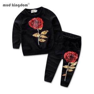 Mudkingdom Girls Outfit Ensembles Automne Hiver Vêtements pour tout-petits Sparkle Sequin Rose Fleur Enfants Vêtements pour enfants 210615