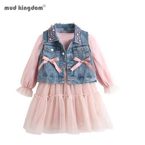 MudkingDom Girls Outfits Lange Mouw Puffy Pink Princess Jurken Mode Kinderen Denim Jcaket Vesten Kinderen Herfst Kleding 210615