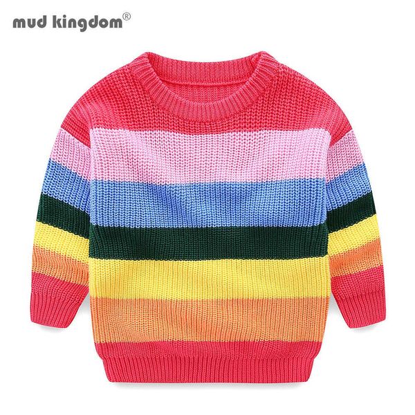 Mudkingdom filles arc-en-ciel rayé chandails à manches longues tricot pull pull hauts pour vêtements d'hiver 210615