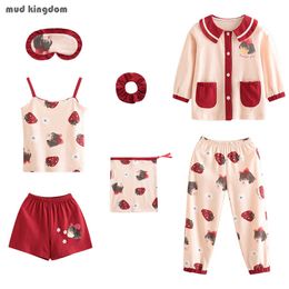 MudkingDom Girls 'Spring and Herfst Mooie katoenen pyjama set jarretel shirt 7 stuk homewear 210615