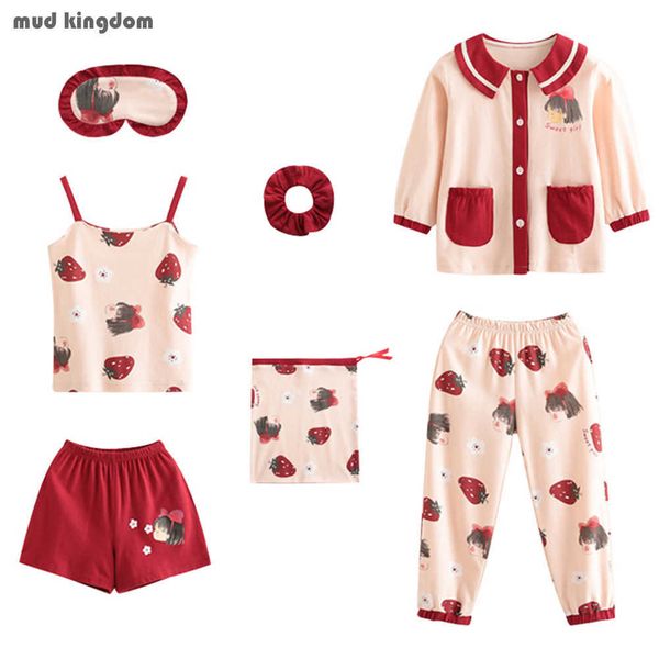 Mudkingdom Girls Printemps et automne Belle pyjama en coton Set Chemise à bretelles 7 pièces Homewear 210615