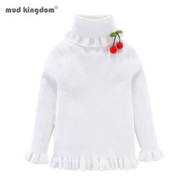 Mudkingdom Girls Pulls tricotés à col roulé à volants 3D Cherry Vêtements solides 210615