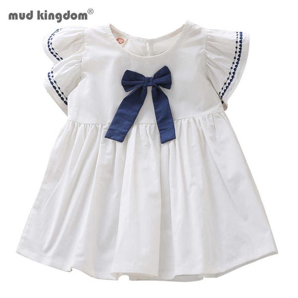 Mudkingdom Petites Filles Boutique Robe Flutter Manches D'été Casual Pur Coton À Manches Courtes Arc Enfants Vacances 210615