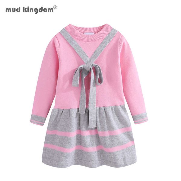Mudkingdom Little Girls Pull Dress School Cute Stripe Bow Vêtements d'automne pour 210615