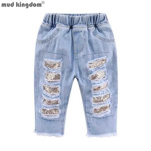 Mudkingdom Sparkly Sequin Girls Crop Jeans Mode Jambe Droite Petite Fille Recadrée Denim Pantalon Enfant Pantalon Vêtements D'été 210615