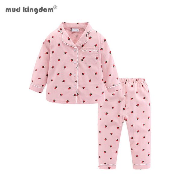 Mudkingdom, conjunto de pijamas de fresa para niñas, conjunto de pijama de algodón de manga larga con cuello de encaje para niños, ropa de dormir para niñas, ropa de casa para niños 210615
