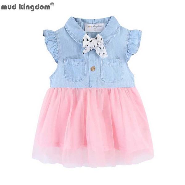 Mudkingdom Toddler Girl Denim Dress avec col Patchwork Filles Robes pour enfants Arc Vêtements Tulle Fluffy Enfants Summer Wear 210615