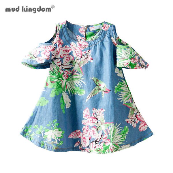 Mudkingdom enfant en bas âge enfants bébé filles robes en jean Floral été épaules dénudées vêtements à manches courtes 210615