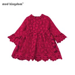 Mudkingdom Toddler Red Floral Lace Dress Baby Kids Girls Manga larga Princesa Party Tutu Mesh es 210615