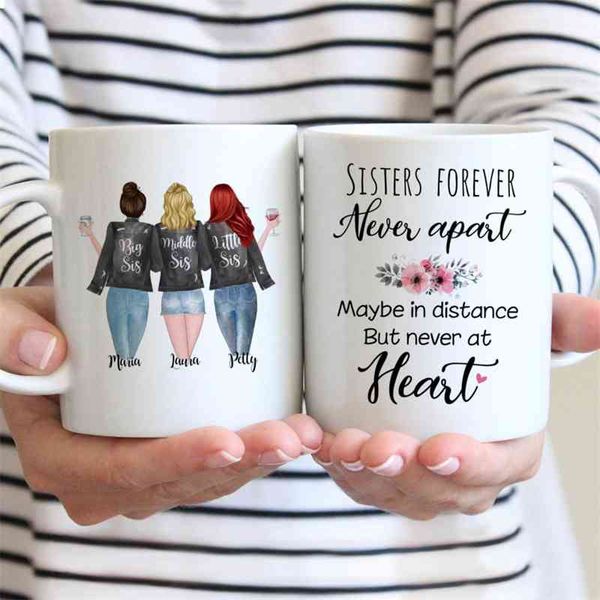 Tasse personnalisée 3 sœurs pour toujours jamais séparées tasses blanches tasses à café filles cadeau 11 oz / 15 oz R2056 210409