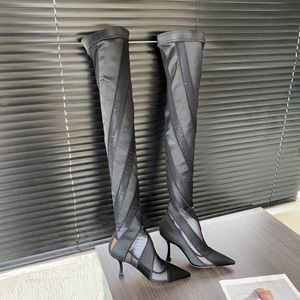 Mugler 100 mm tweekleurige jersey mesh sok dijlaarzen trek aan Elastische punt-teen stiletto Hakken gebreide overknee-hoge laars dames luxe designer schoenen fabrieksschoeisel