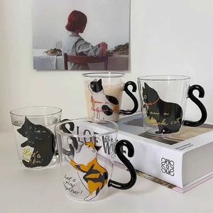 Mokken 1-2 Leuke 250 ml Black Cat Glass Coffee Cup Set met handgreep Diervormige Melksap Cup Japanse stijl Gift J240428
