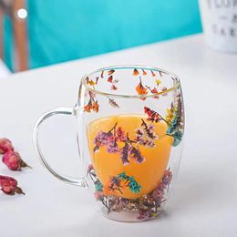Mokken 1 Stuk Creatieve Dubbelwandige Glazen Mok Cup Met Droge Bloem Zeeslak Schelps Glitters Vullingen Voor Koffie Sap melk