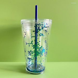 Mokken 1 stuk van 500 ml stro kopje met deksel 16 oz dubbele laag glitter lovertjes koffie herbruikbare plastic matte