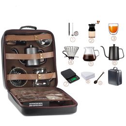 Mokken 10-delig Set reiskoffieaccessoires inclusief PU-zakken Handmatige maalbekers Filter en ander buitenkoffiegerei 231214