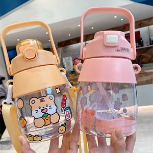 Mokken 1000 ml Kawaii Plastic Water Cup High Beauty Dubbele drinken Big Belly Cup Cute Cartoon Student Water Cup met sticker Z0420