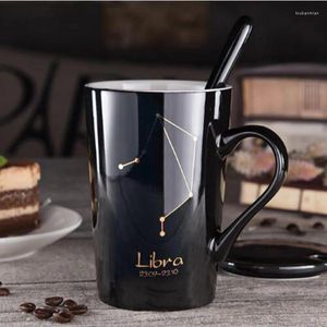 Tasses 12 Constellations Noir et Or Porcelaine Porcelaine Café Lait Tasse Avec Cuillère En Acier Inoxydable Zodiac Tasse En Céramique 400ML