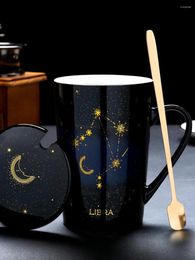 Tasses 12 Constellations Creative Céramique avec couvercle à cuillère en porcelaine noir et blanc zodiaque Milk Coffee tasse 400 ml d'eau d'eau