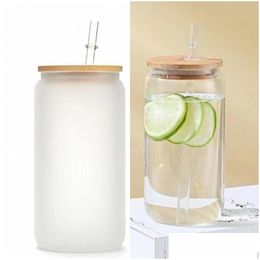 Mokken 12Oz Blank Sublimatie Bier Kan Glazen Beker Frosted Clear Rechte Wijn Tumbler Warmteoverdracht Koffie Met Bamboe deksel 512 D3 Drop Dhayd