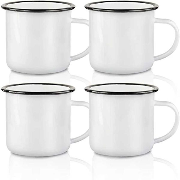 Tasses 12oz sublimation tasse en émail blanc vierge avec jante noir imprimer du lait tasse tasse de tasse