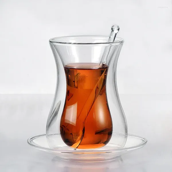 Tasses 150 ml tasse de double verre moderne avec soucoupe et cuillère à la maison en tasse transparente