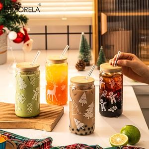 Mokken 16 oz Kerstkoffie Bierblikje Glazen beker met deksel en rietje Kerstboom Elanden Tumbler Drinkglaswerk Drinkware Jar Geschenken 231129