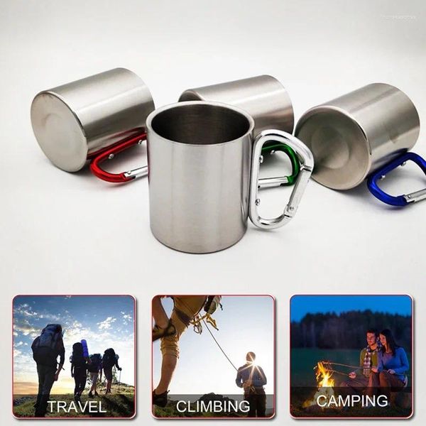 Tasses Tasse en acier inoxydable de 180 ml pour le camping voyageant en plein air avec poignée pliable mousqueton escalade sac à dos randonnée portable