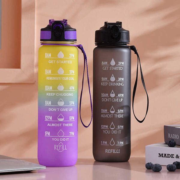 Tasses Bouteille d'eau en plastique 1L avec paille Botella De Agua Motivacional Gourde avec marqueur de temps pour filles Sport Gym Kawaii Grand Chaleira Z0420